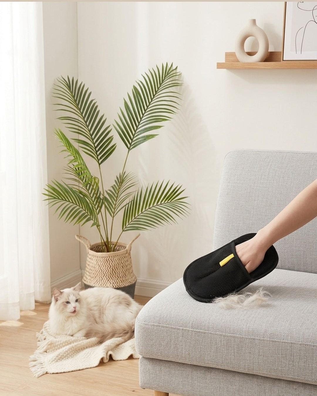 PawGroom grooming glove lifestyle shot with cat and sofa