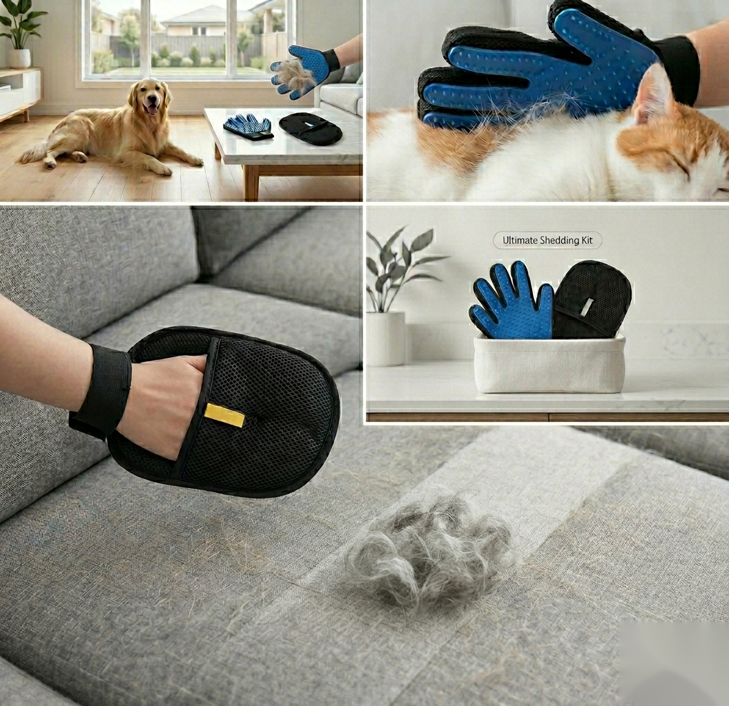 PawGroom bundle in use β dog grooming and sofa cleaning lifestyle collage