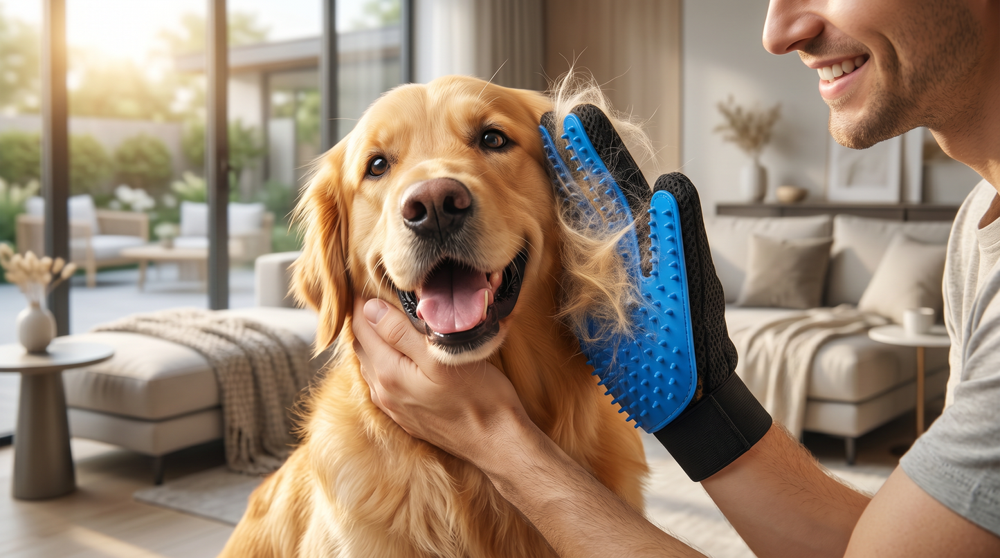 Man grooming golden retriever with PawGroom silicone glove — happy dog