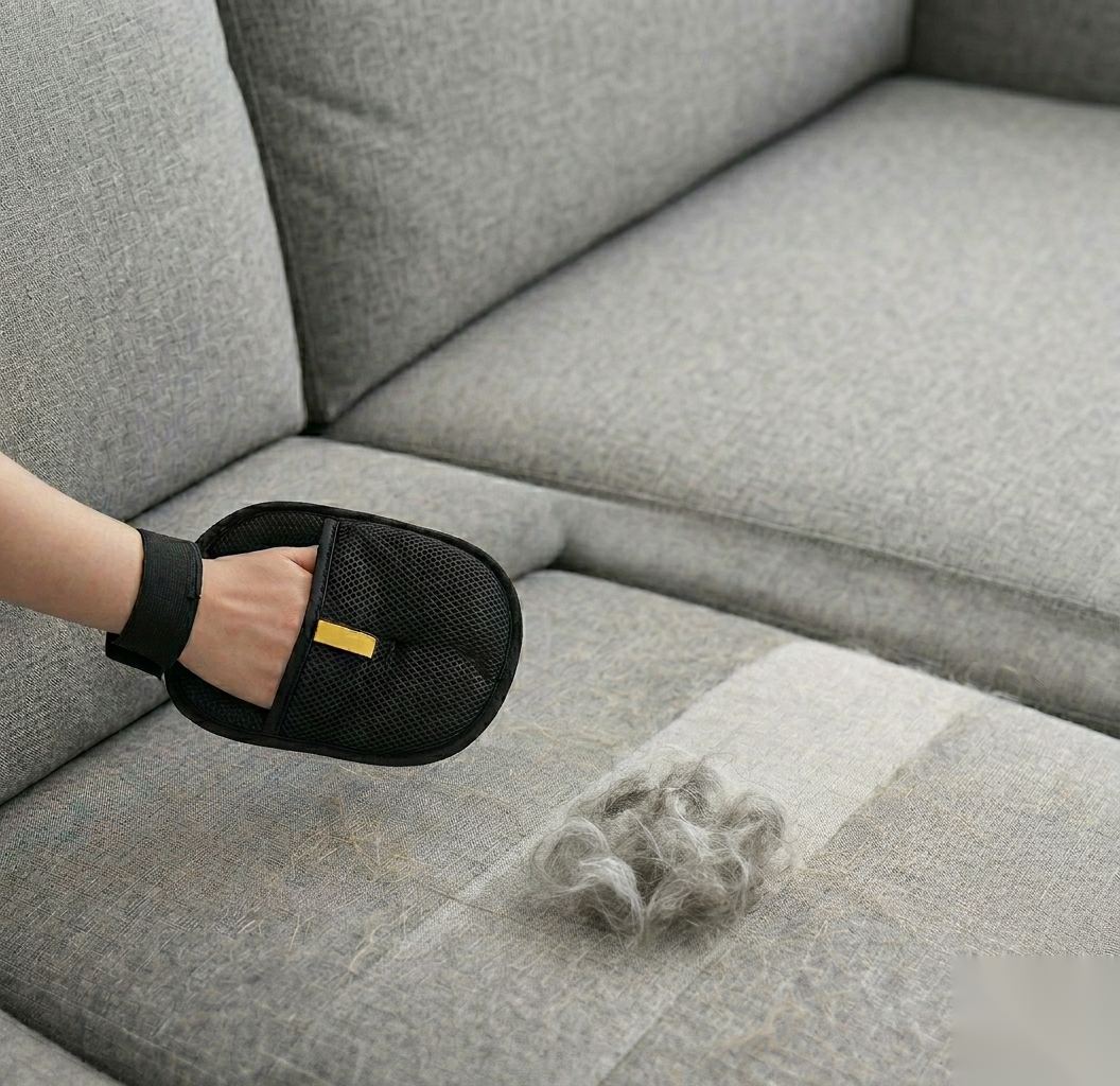 PawGroom mitt removing pet hair from sofa — pile of fur collected in one swipe