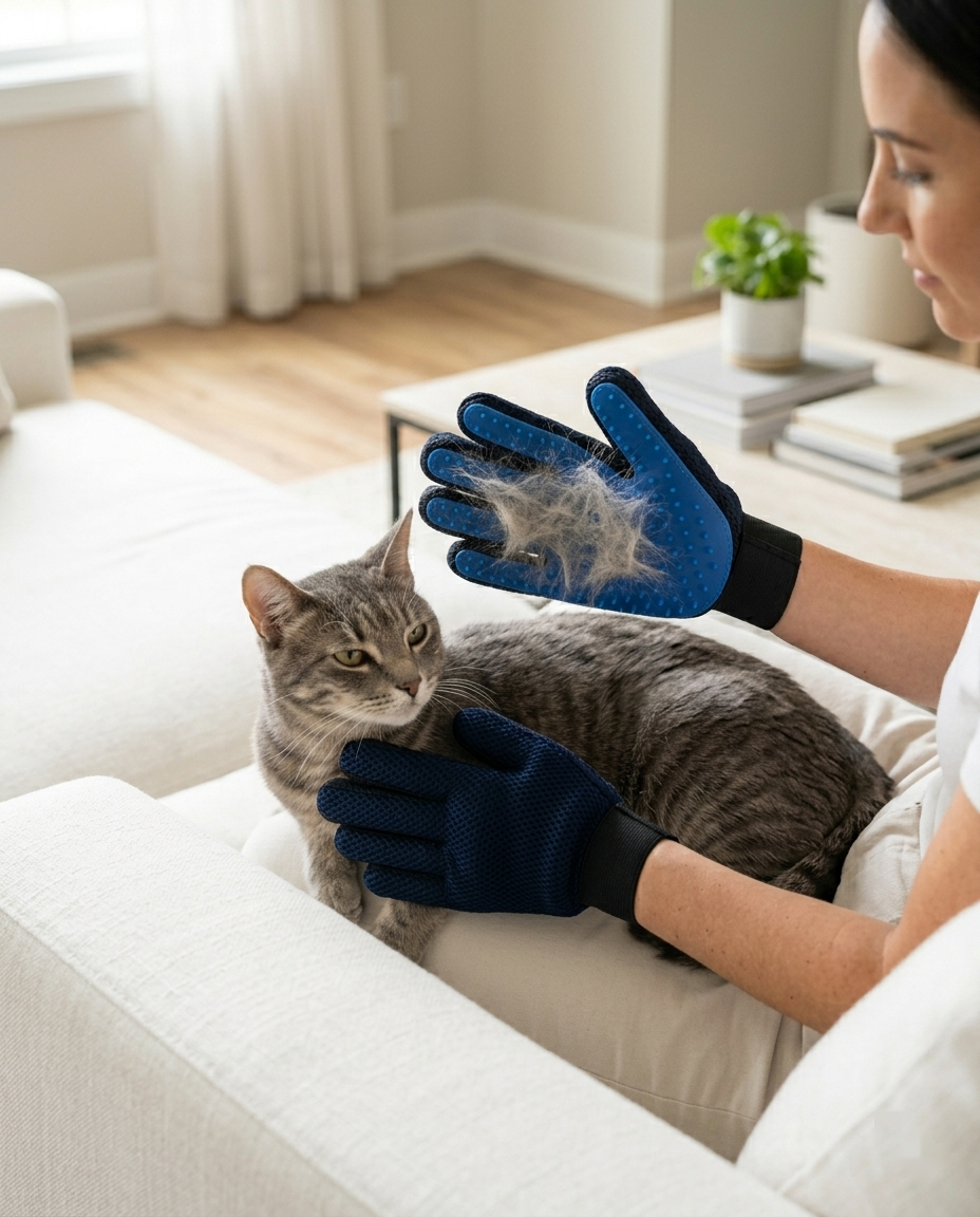 Woman grooming cat on sofa with PawGroom silicone glove