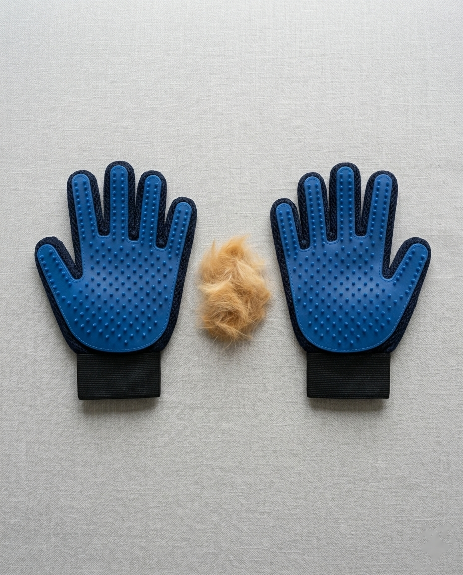 PawGroom grooming glove pair — blue silicone gloves with collected pet fur
