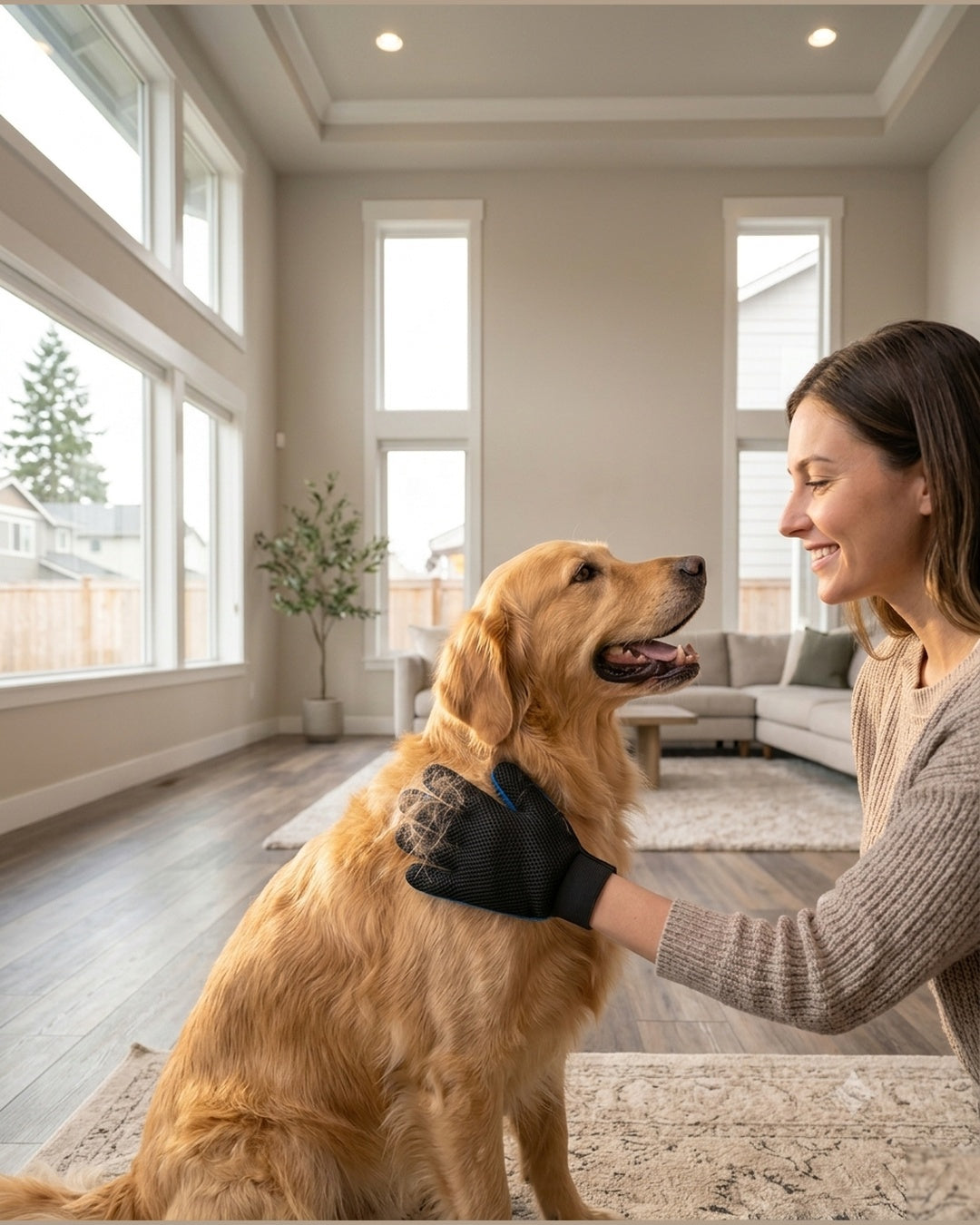 PawGroom Grooming Glove lifestyle — woman grooming dog