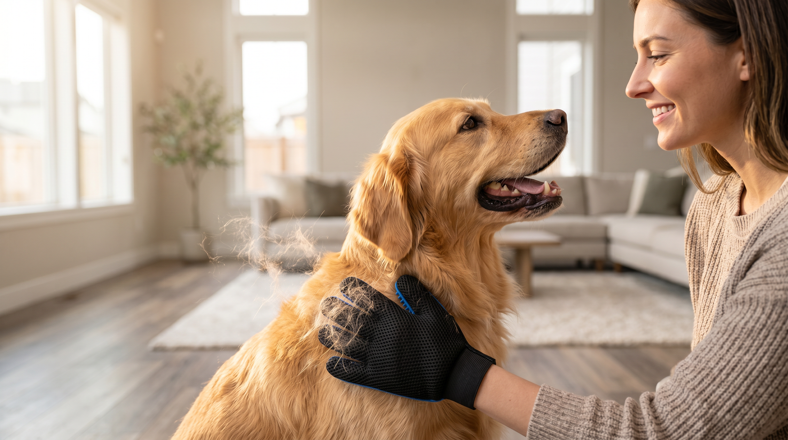 Woman brushing dog with PawGroom glove — bundle lifestyle