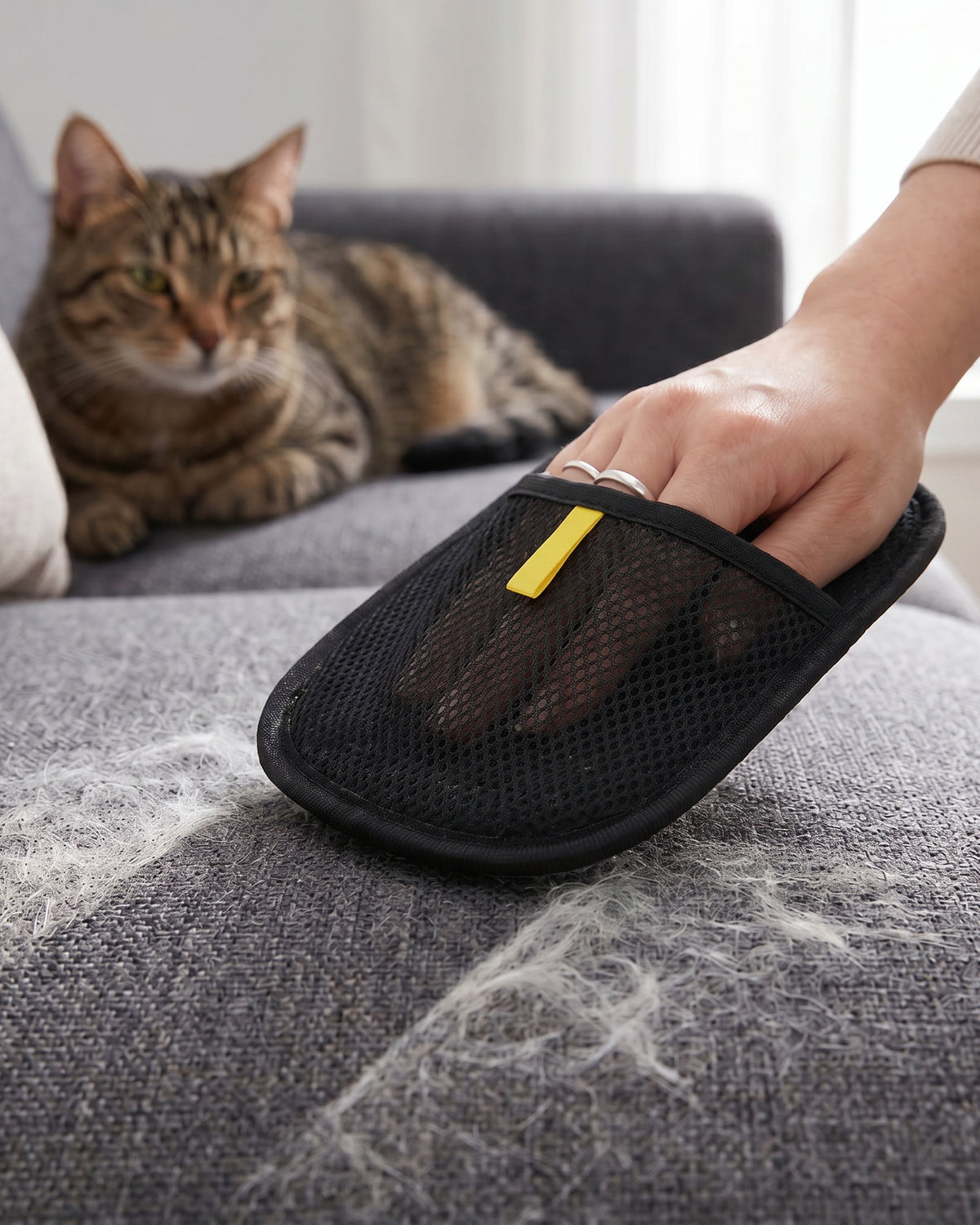Cat watching as PawGroom furniture mitt removes pet hair from grey sofa