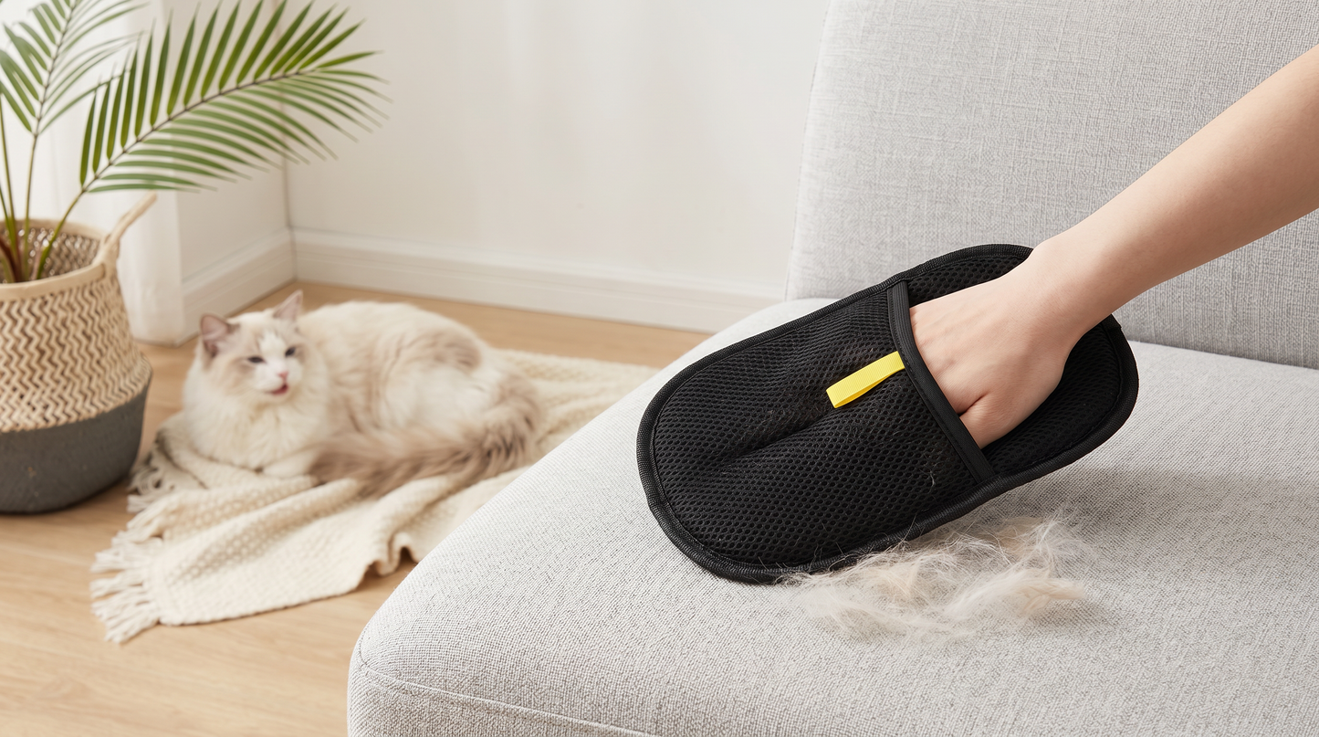 PawGroom furniture mitt cleaning sofa — bundle in action
