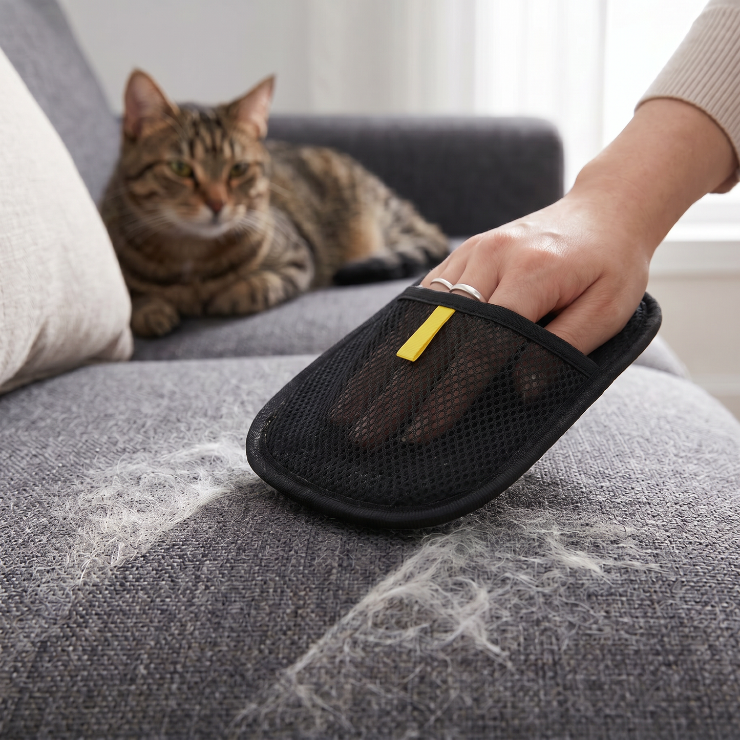 Cat watching as PawGroom furniture mitt removes pet hair from grey sofa