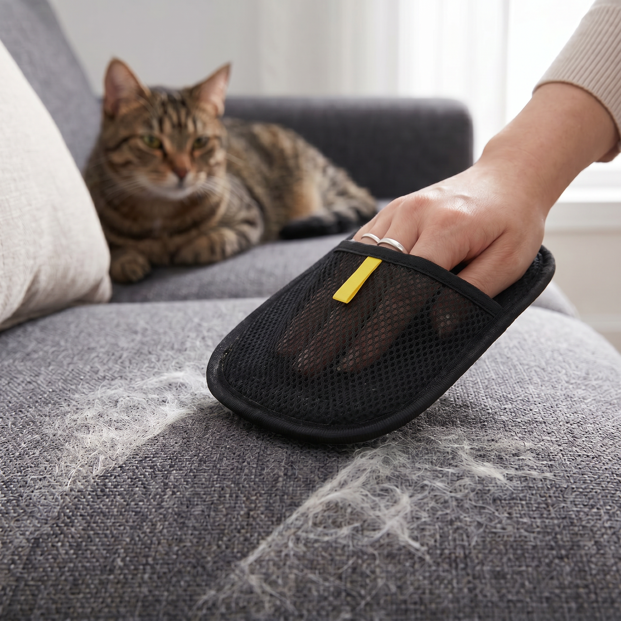 Cat watching as PawGroom furniture mitt removes pet hair from grey sofa