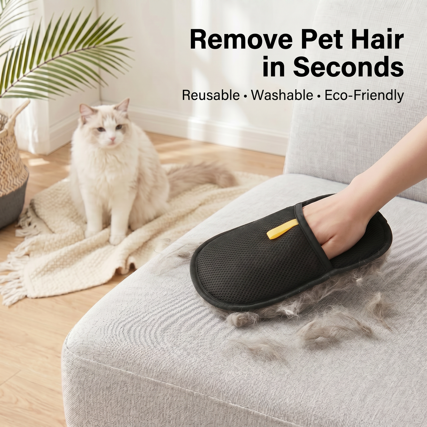 PawGroom furniture mitt removing pet hair from couch in seconds — reusable and washable