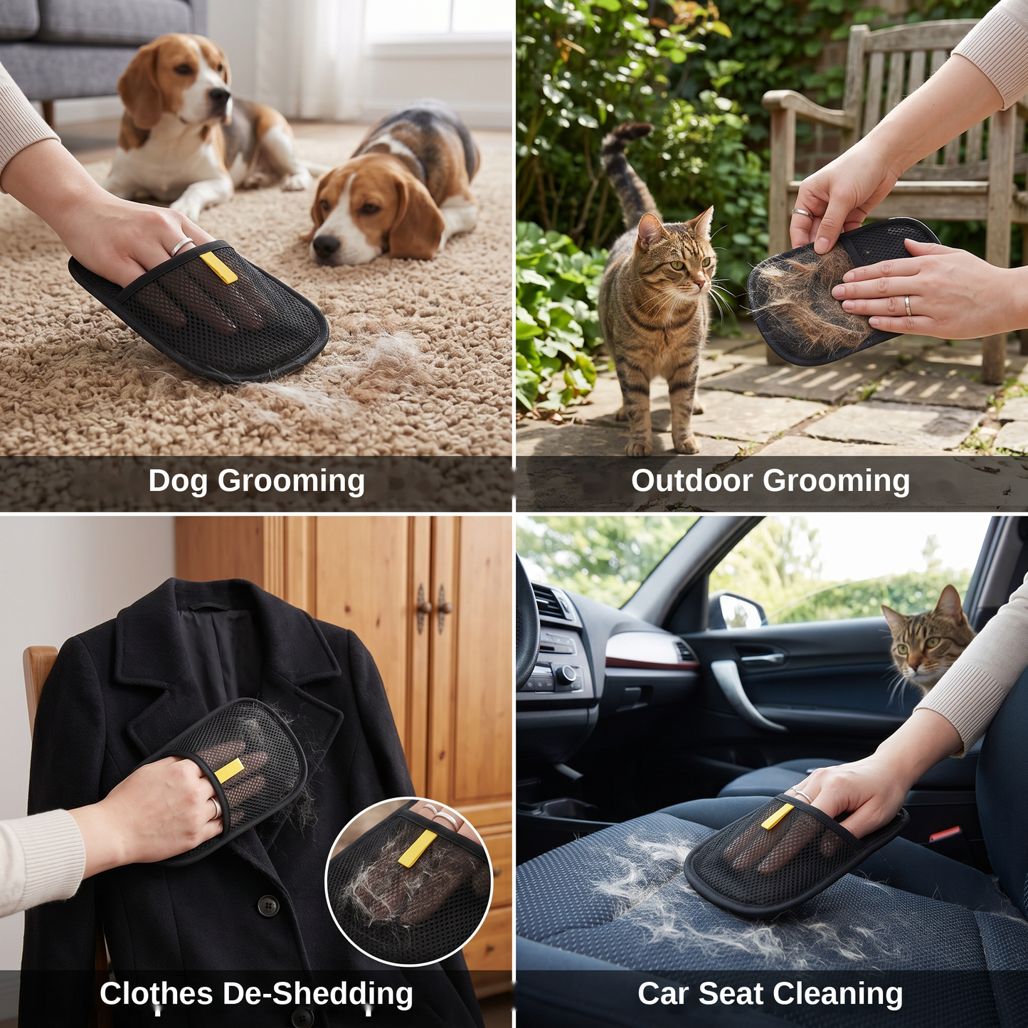 PawGroom furniture mitt use cases: dog grooming, outdoor grooming, clothes de-shedding, car seat cleaning