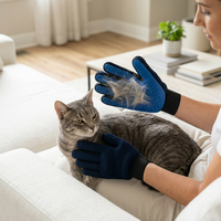 Woman grooming cat on sofa with PawGroom silicone glove