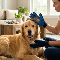 Woman grooming golden retriever with PawGroom silicone glove, collecting loose fur