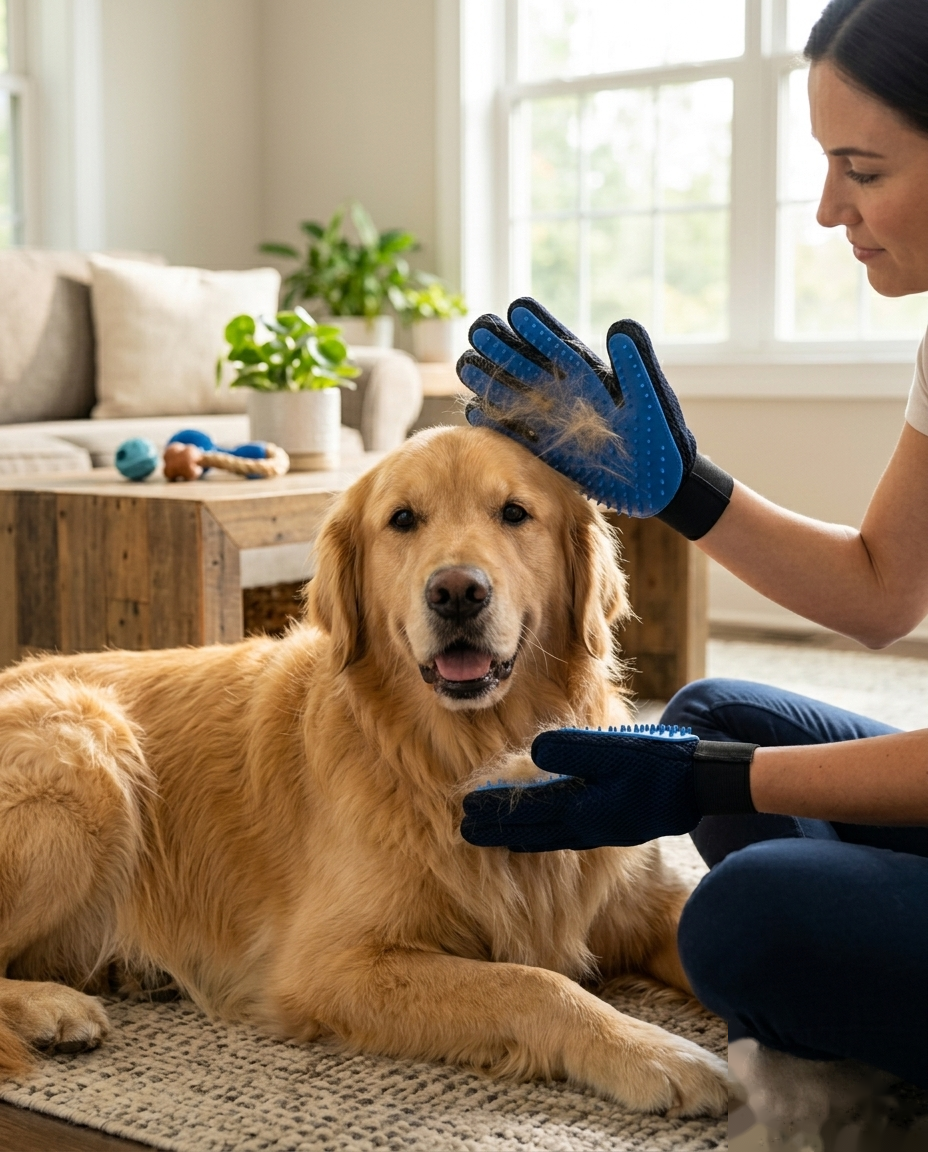 Woman grooming golden retriever with PawGroom silicone glove, collecting loose fur