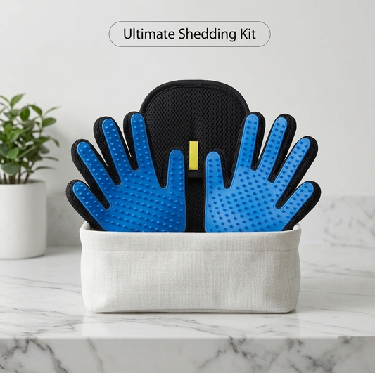 PawGroom Ultimate Shedding Kit — grooming glove pair and furniture hair remover mitt in basket